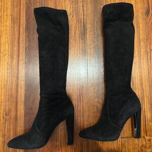 Stuart Weitzman Black Suede Gold Heel Accent Pull-on Boots, 9M